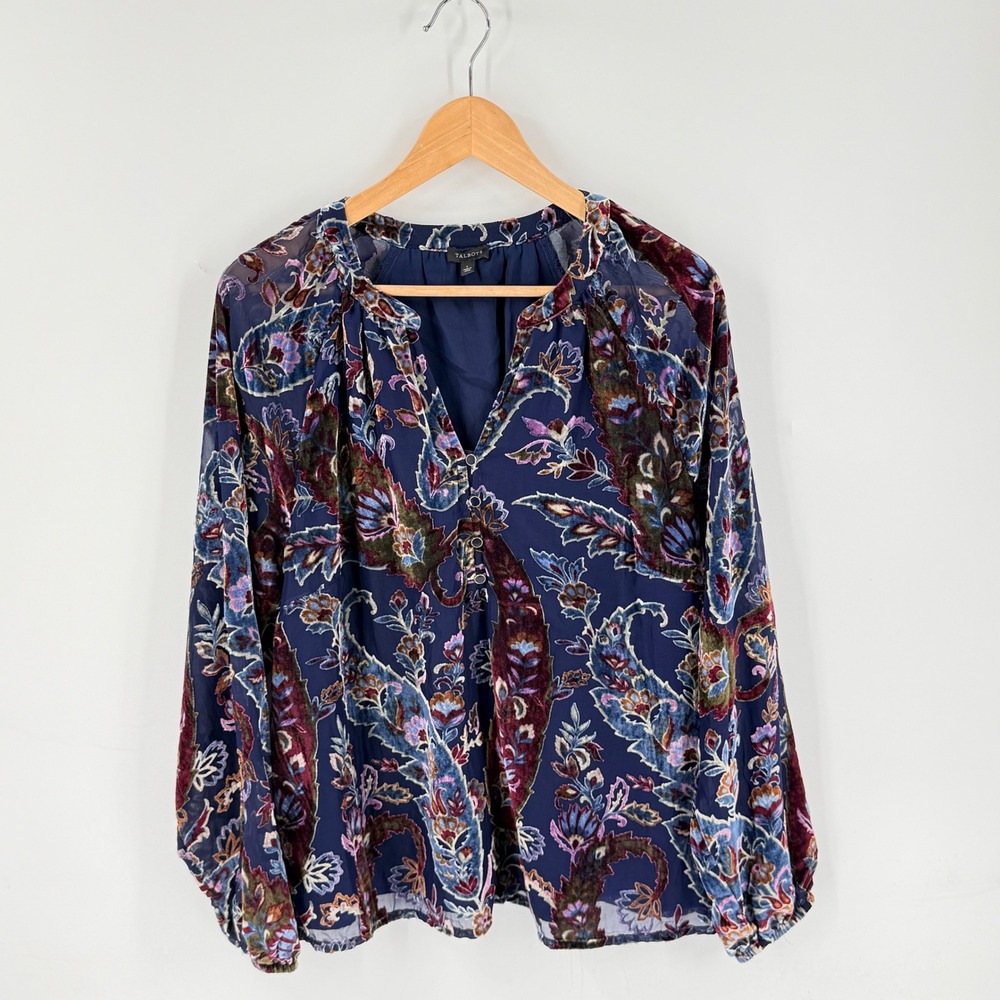 Talbots Blouse Navy Paisley Burnout Velvet Large Sheer Sleeve Boho Top